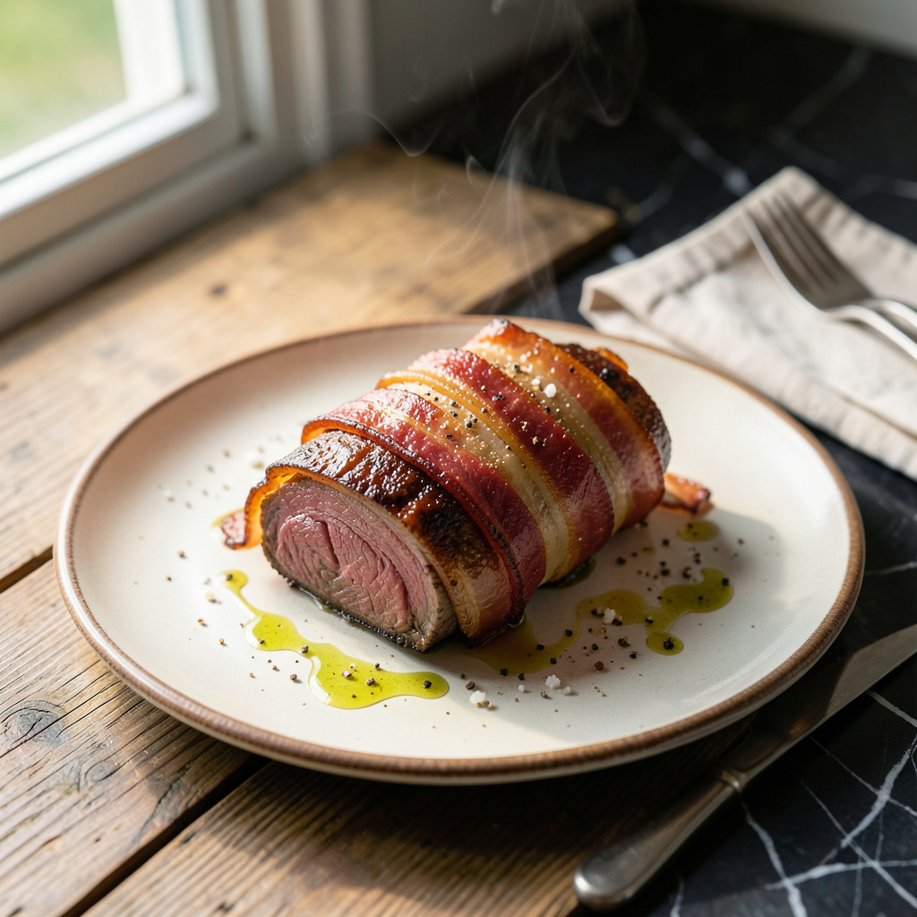 bacon wrapped sirloin recipe illustration with key details