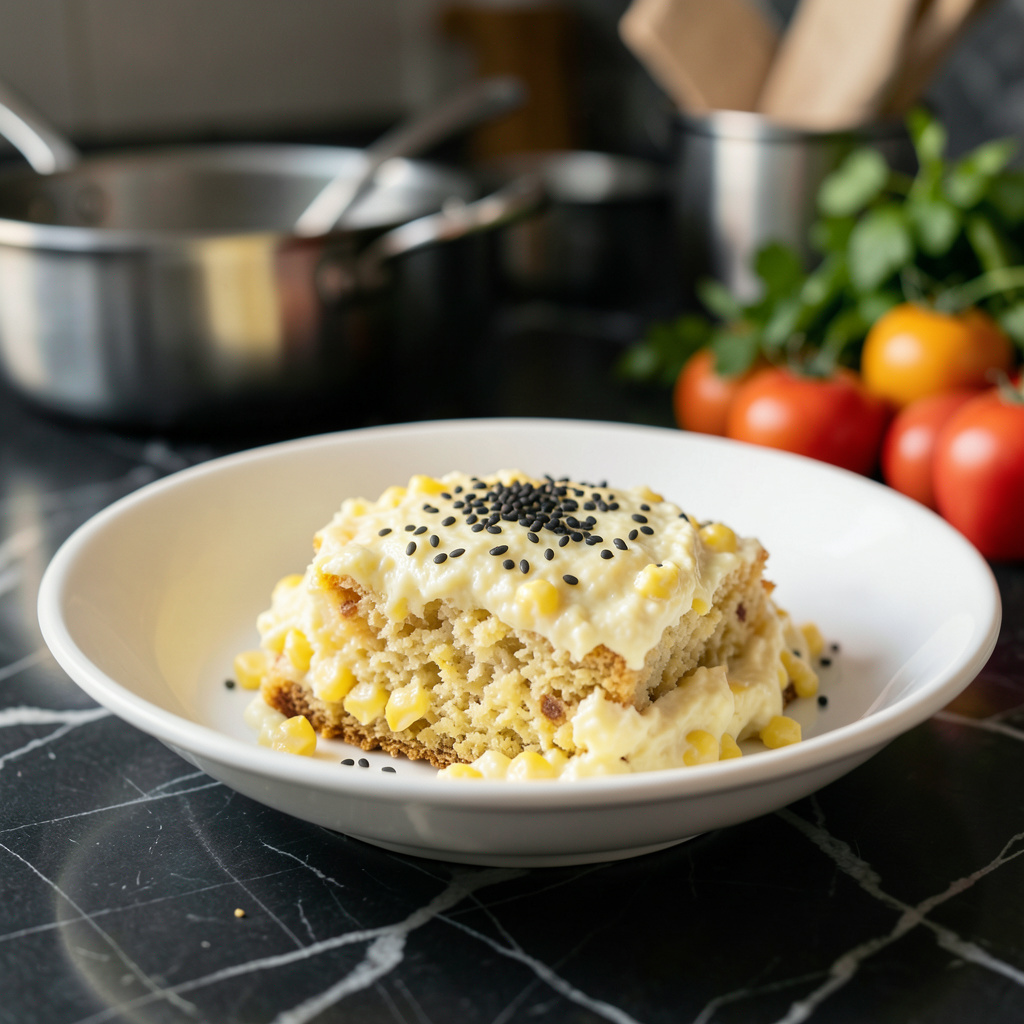 Tender and juicy Creamed Corn Cornbread Recipe: Moist, Buttery Perfection on a serving dish
