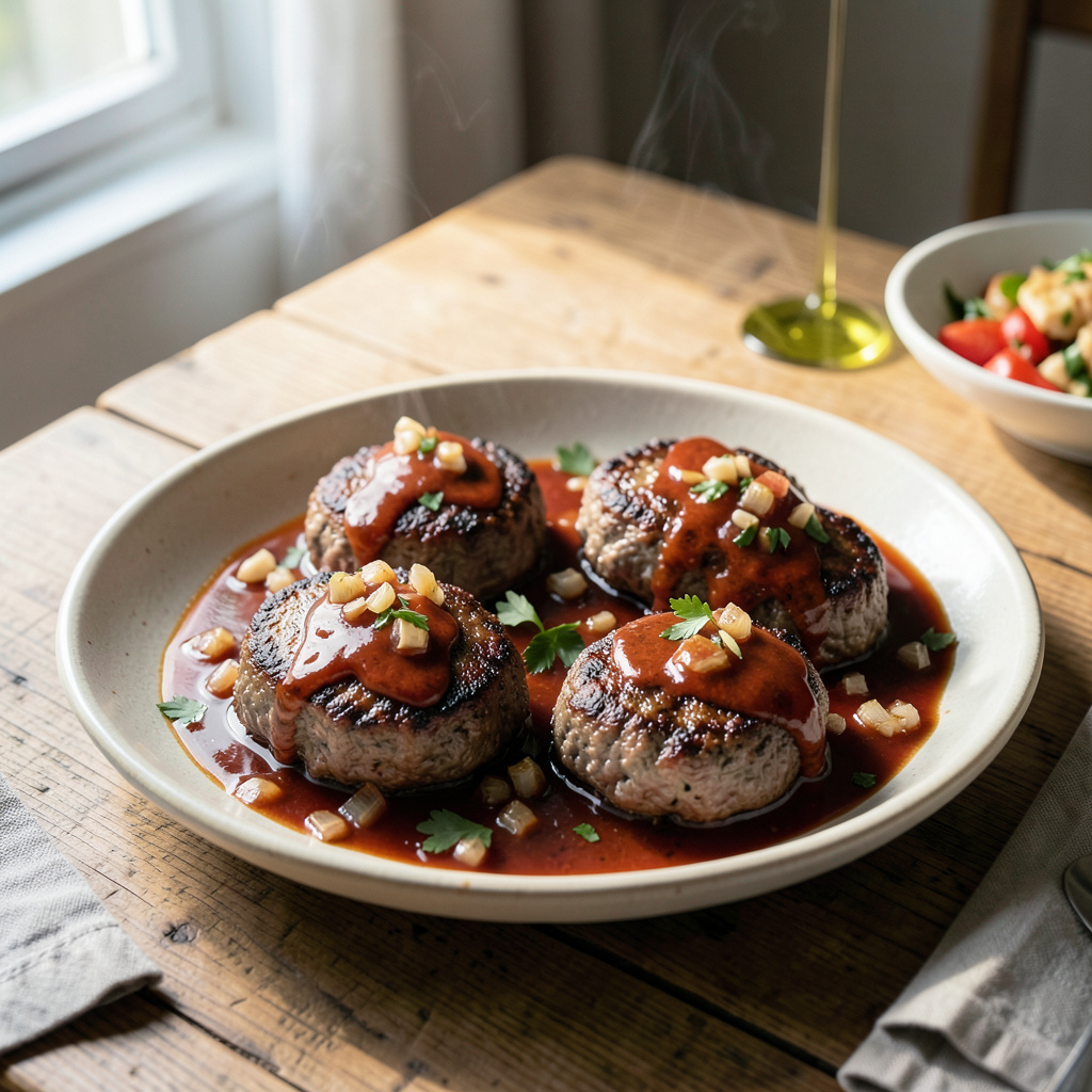 Complete hamburgers in sauce recipe overview image