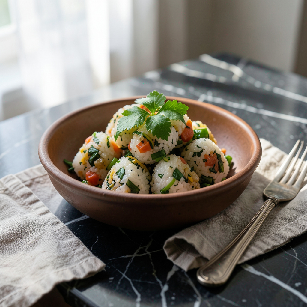 Onigiri Vegetarian Recipe: Triangular Bliss with Savory Fillings illustration with key details