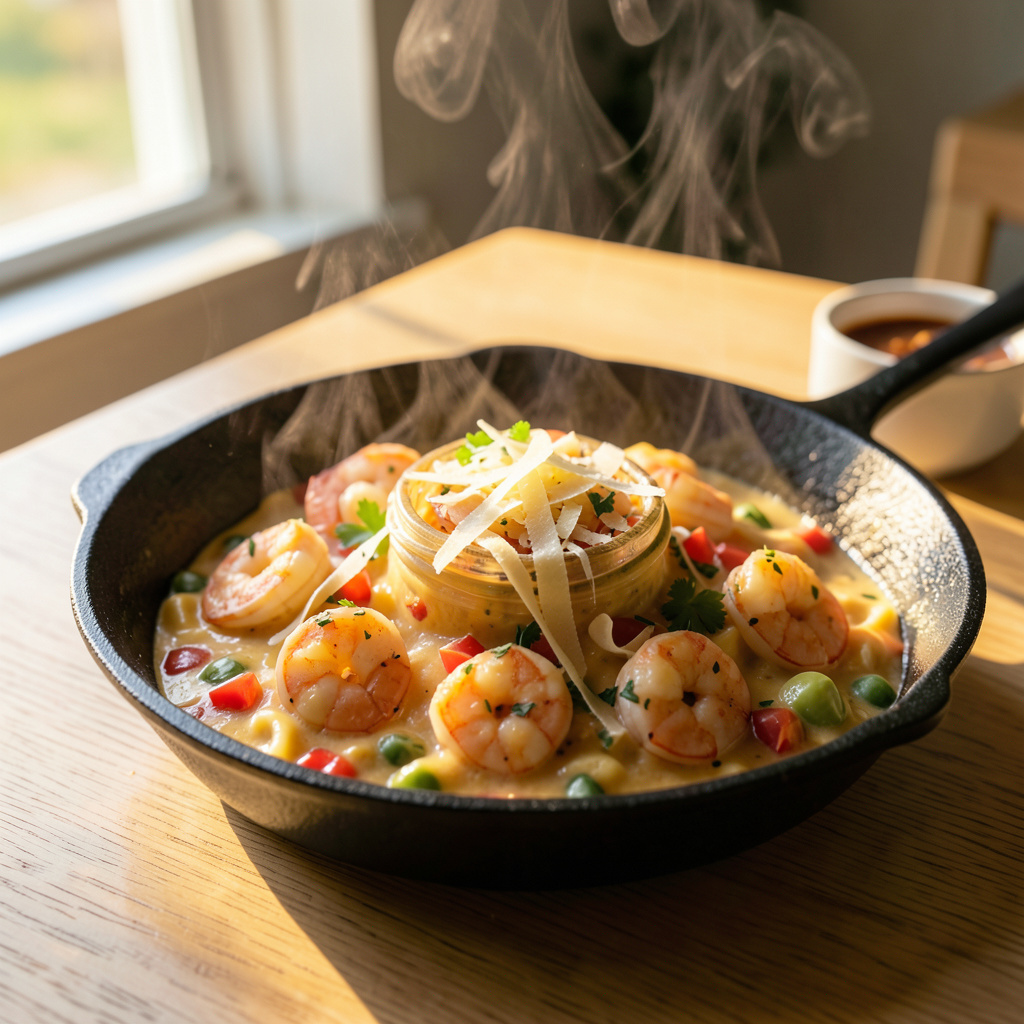 Visual representation of shrimp alfredo pasta recipe with jar sauce