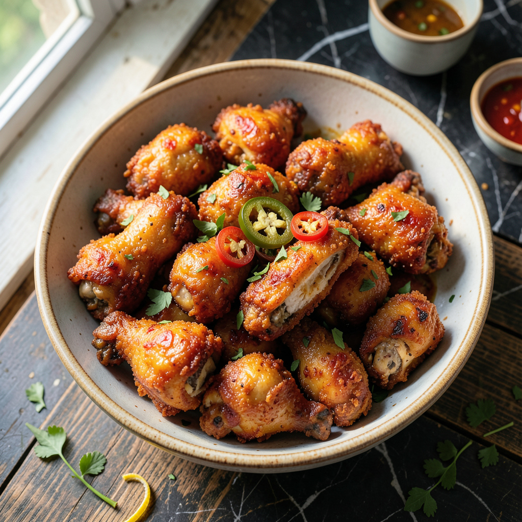 spicy crispy fried chicken recipe illustration with key details