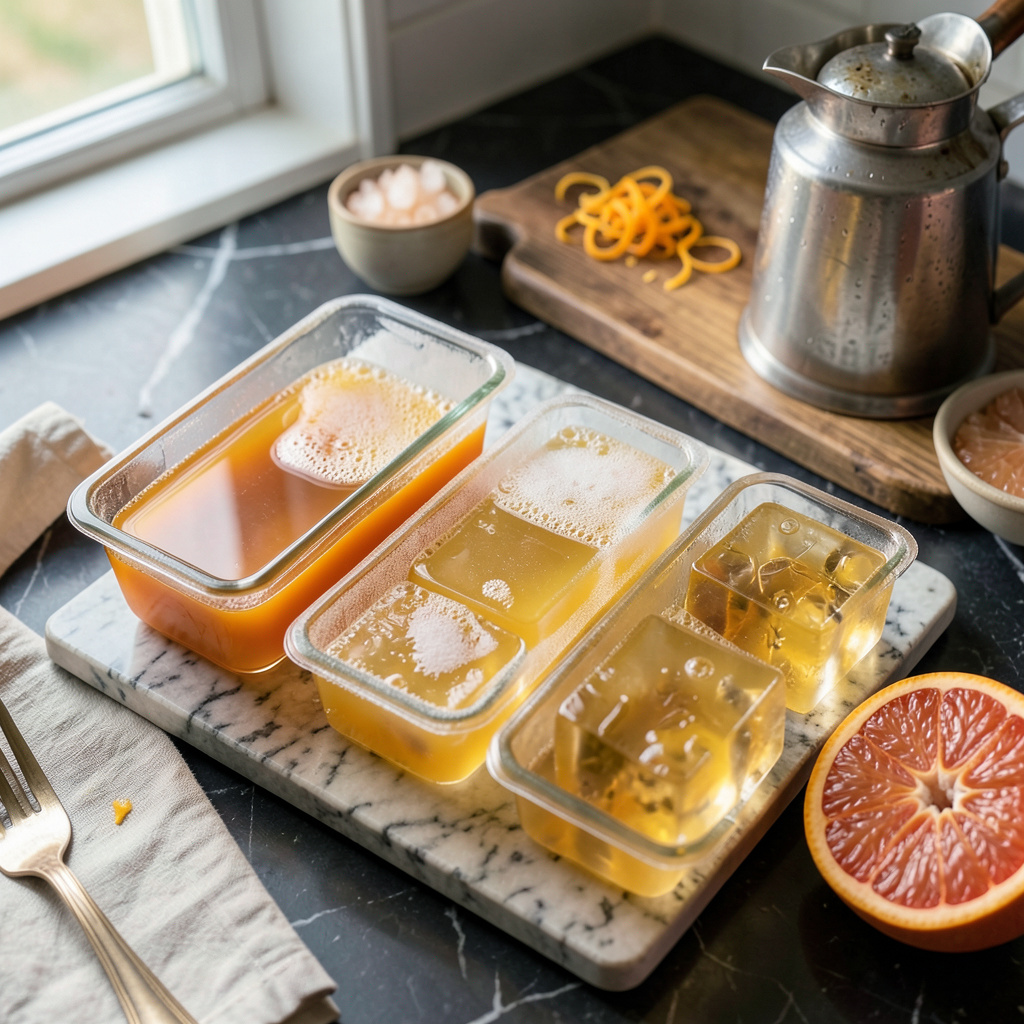 freezing orange juice illustration with key details