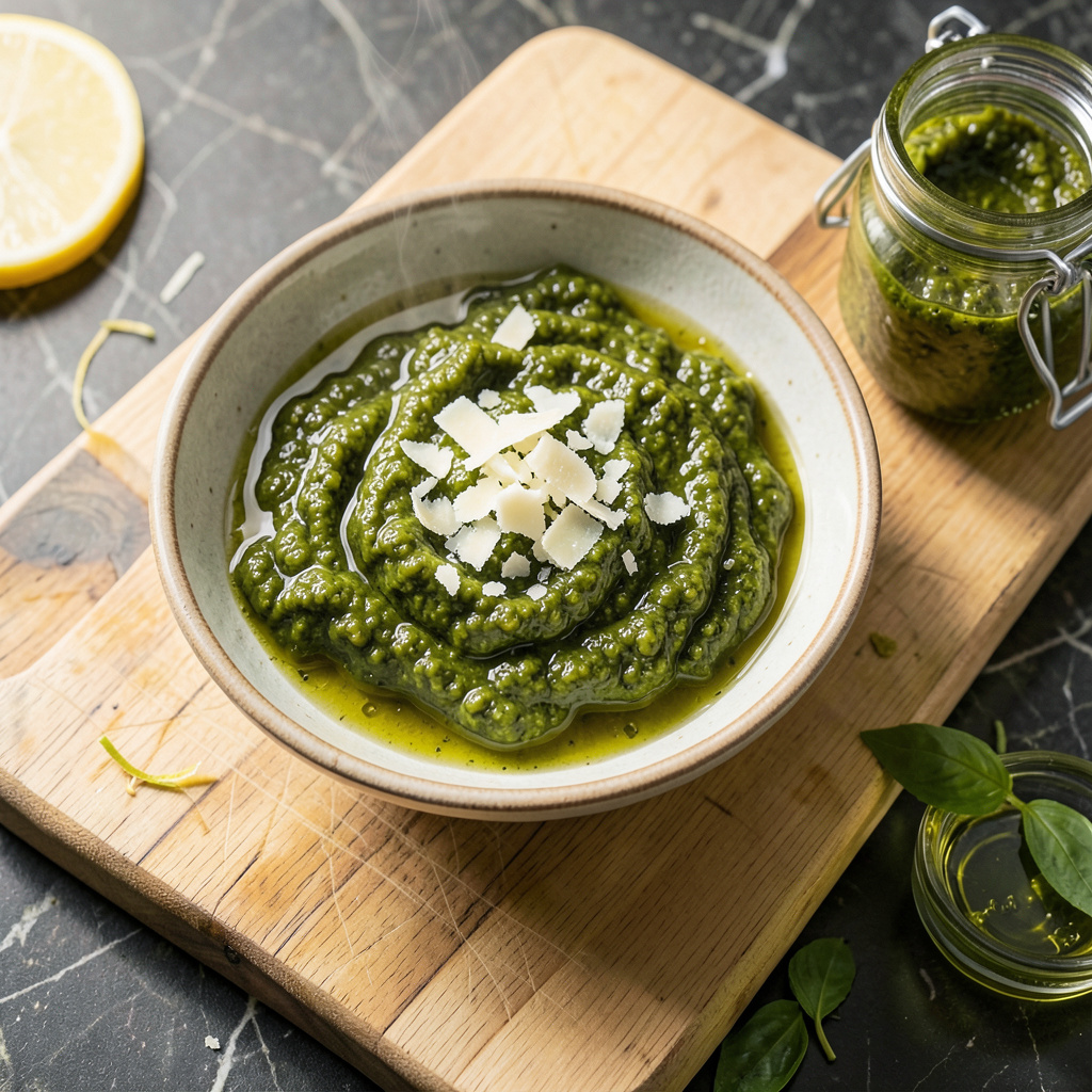 Visual representation of storing homemade pesto