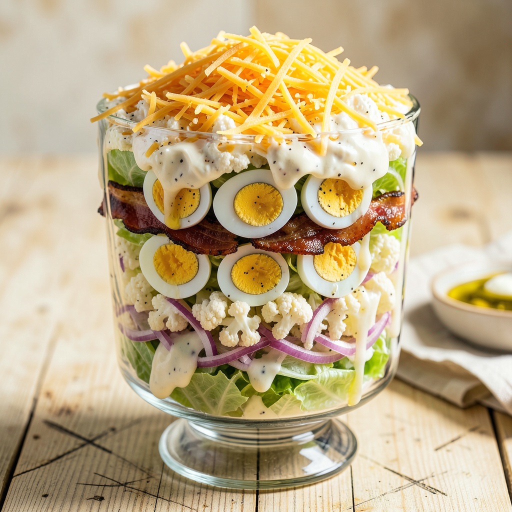 Visual representation of 7 Layer Salad Recipe Without Peas: Crunchy Layers With Creamy Dressing