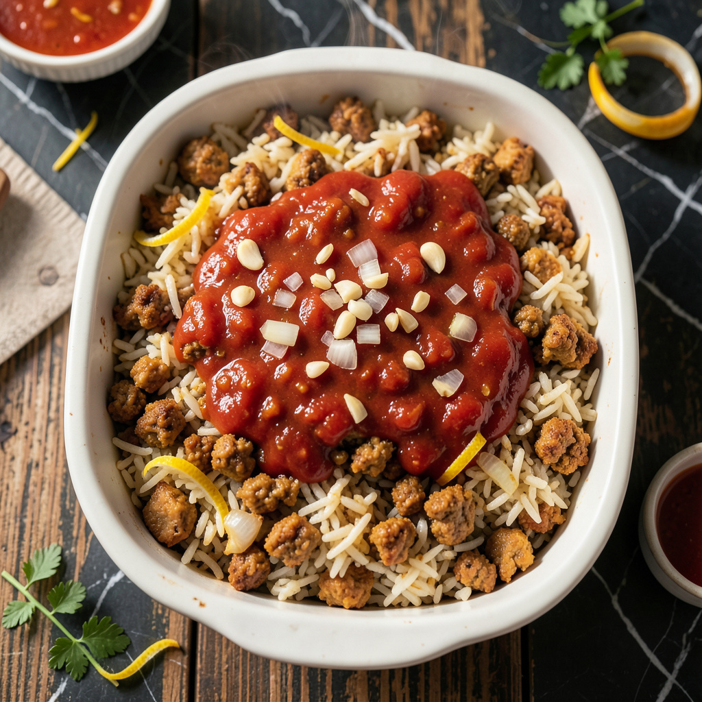 Complete recipe for pork and rice casserole overview image