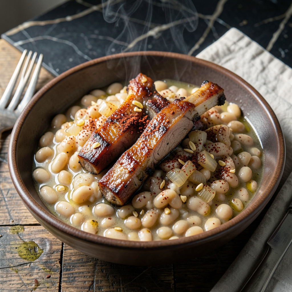 smoked pork neck bones and beans recipe illustration with key details